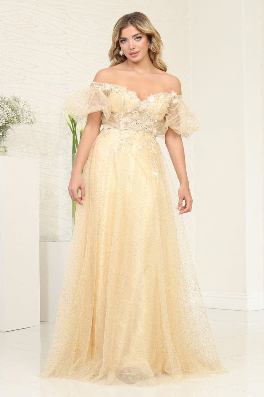 May Queen MQ2033 Sweetheart Puffed Sleeves Gala Long Gown - GOLD / 4 - Dress