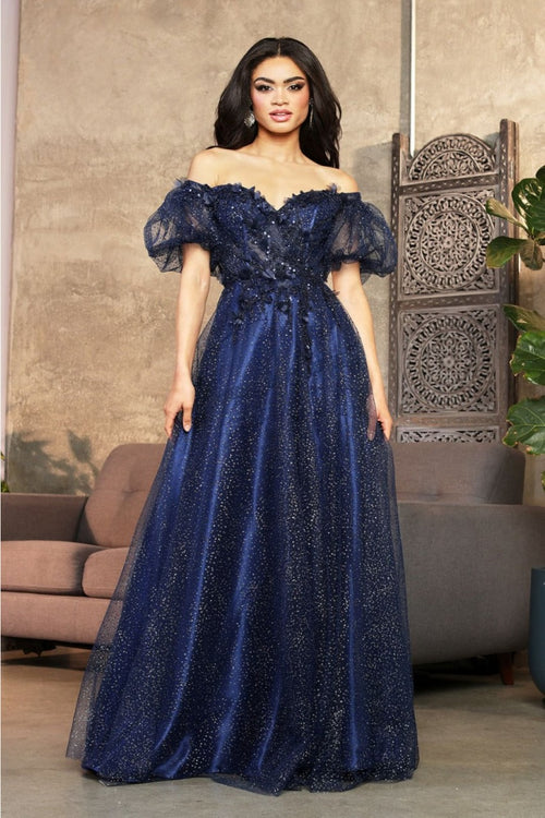 May Queen MQ2033 Sweetheart Puffed Sleeves Gala Long Gown - NAVY / 4 - Dress