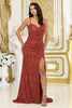 May Queen MQ2035 Spaghetti Strap Side Slit Sequin Gala Gown - BURGUNDY / 4 - Dress