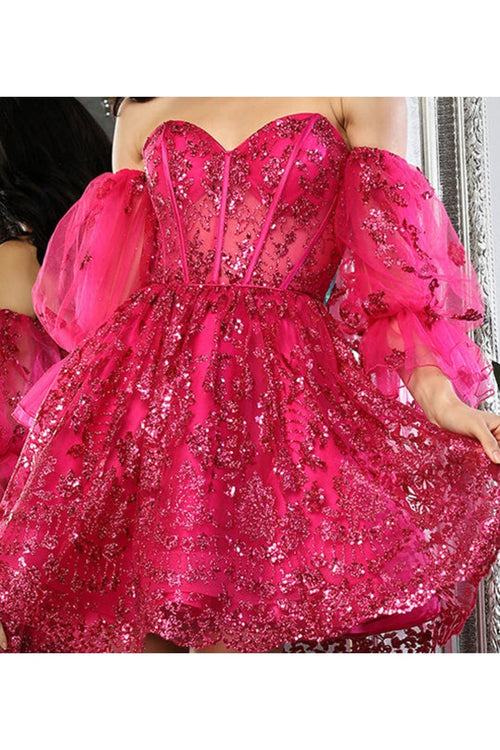 May Queen MQ2041 Detachable Sleeves Sweetheart Glitter Cocktail Dress - Dress