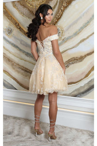 May Queen MQ2042 Floral A- line Off Shoulder Bridesmaids Short Dress - Dress