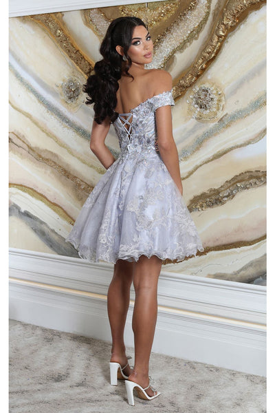 May Queen MQ2042 Floral A- line Off Shoulder Bridesmaids Short Dress - Dress