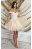 May Queen MQ2042 Floral A- line Off Shoulder Bridesmaids Short Dress - CHAMPAGNE / 2 - Dress