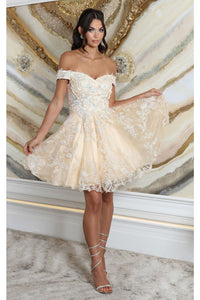 May Queen MQ2042 Floral A- line Off Shoulder Bridesmaids Short Dress - CHAMPAGNE / 2 - Dress