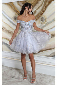 May Queen MQ2042 Floral A- line Off Shoulder Bridesmaids Short Dress - SILVER / 2 - Dress