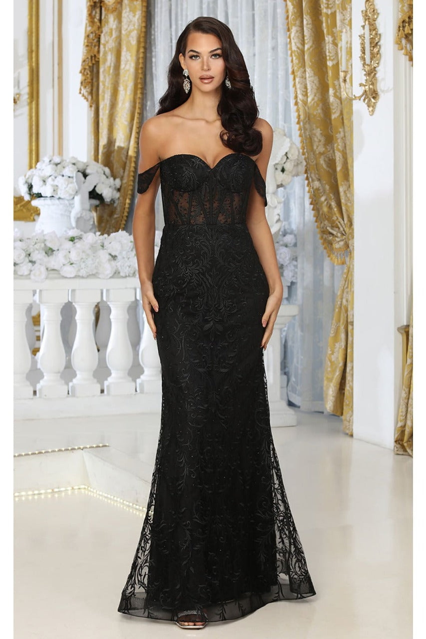 May Queen MQ2044 Rhinestone Corset Embroidered Long Gala Gown - BLACK / 4 - Dress