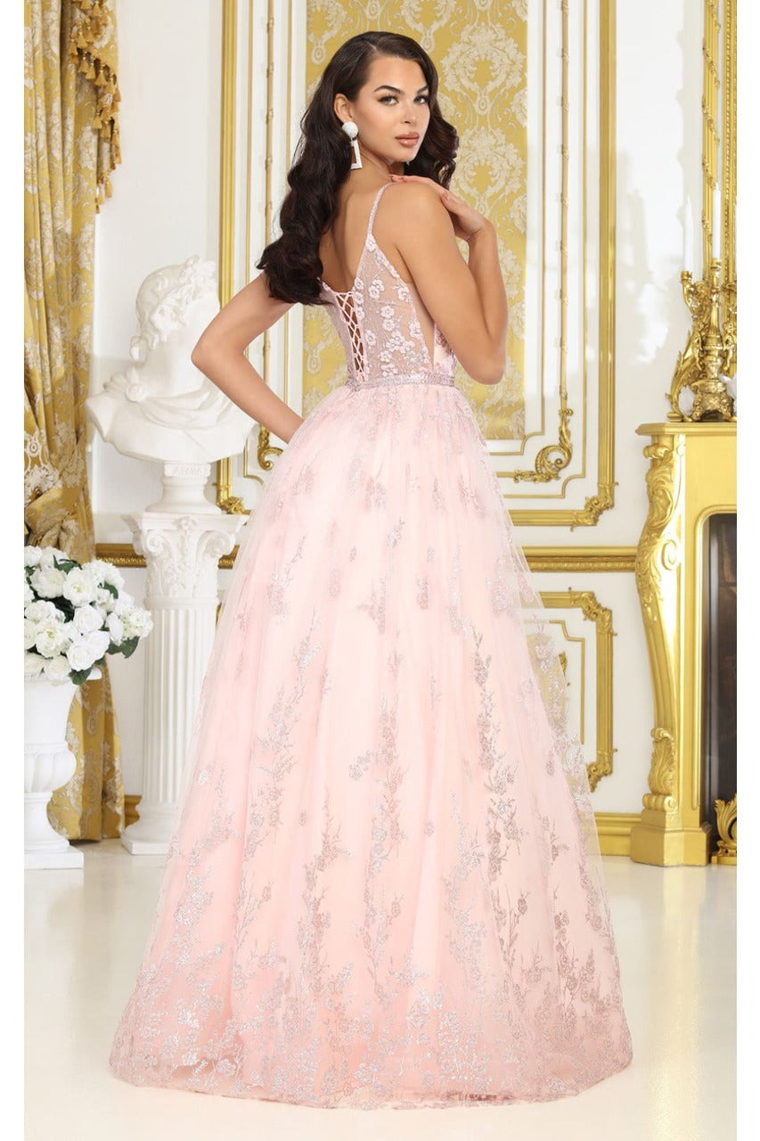 May Queen MQ2045 Blush Sleeveless Floral Corset Back Pageant Gown - Dress