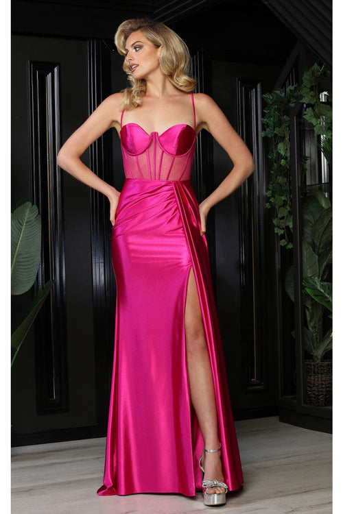 May Queen MQ2052 Spaghetti Straps Sheer Bodice High Sloit Porm Dress - Dress