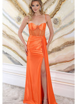 May Queen MQ2052 Spaghetti Straps Sheer Bodice High Slit Prom Dress