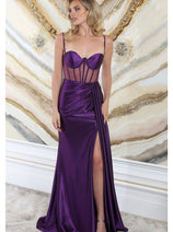 May Queen MQ2052 Spaghetti Straps Sheer Bodice High Slit Prom Dress