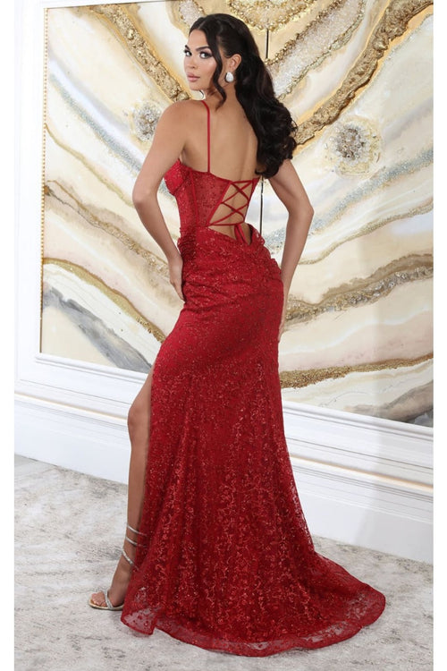 May Queen MQ2054 Spaghetti Strap Gala High Slit Long Dress - Dress