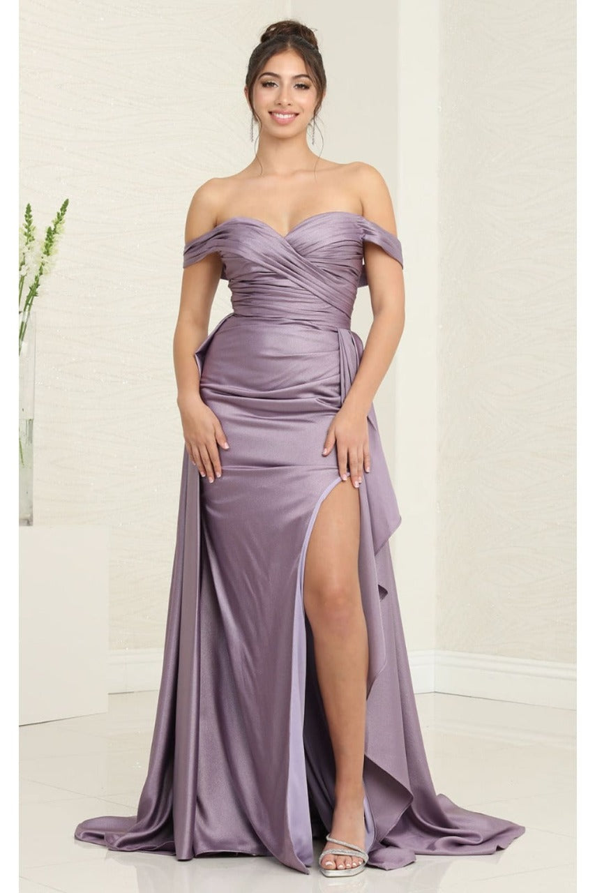 May Queen MQ2056 Off-Shoulder Taffeta Formal High Slit Long Gown - Dress