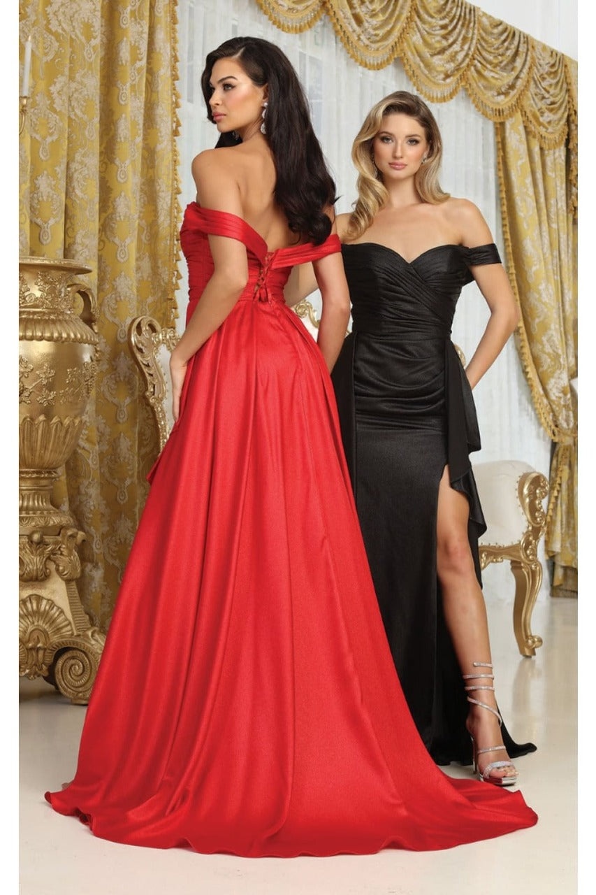 May Queen MQ2056 Off-Shoulder Taffeta Formal High Slit Long Gown - Dress