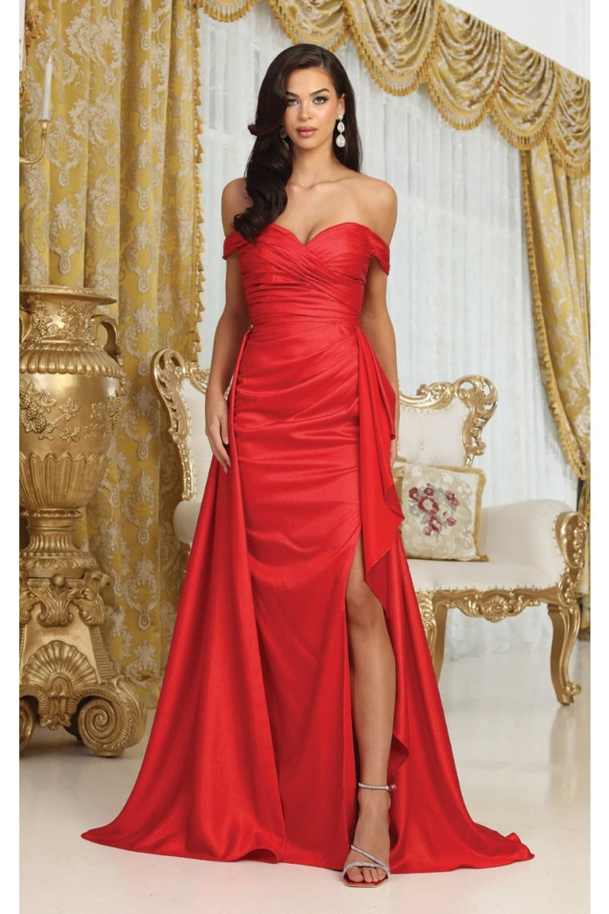 May Queen MQ2056 Off-Shoulder Taffeta Formal High Slit Long Gown - Dress