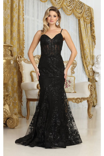 May Queen MQ2061 V-Neck Glitter Pageant Long Gown - BLACK / 4 - Dress