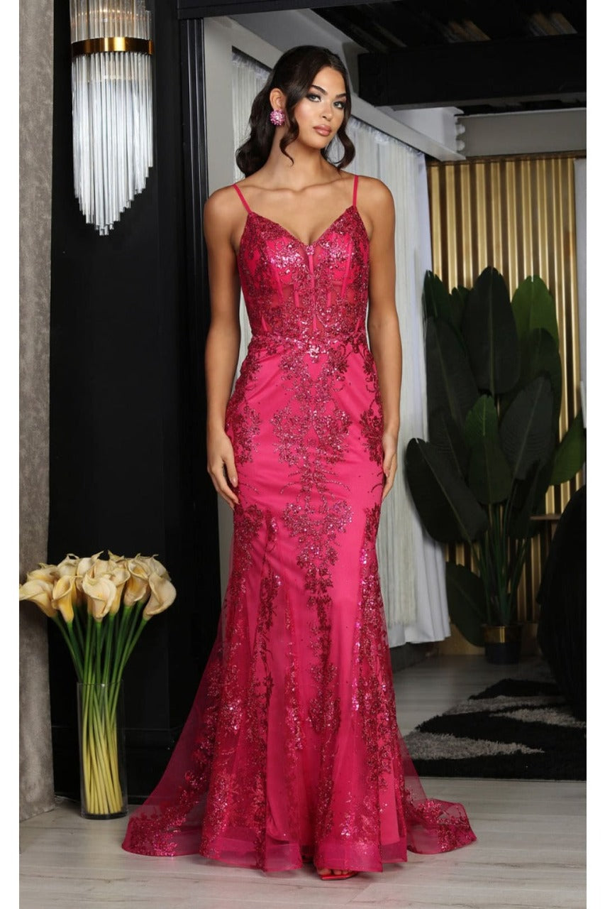 May Queen MQ2061 V-Neck Glitter Pageant Long Gown - FUCHSIA / 4 - Dress