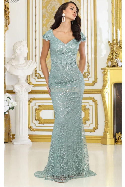 May Queen MQ2062 Floral Appliqued Long Mesh Formal Gown - Dress
