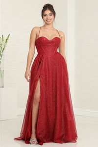 May Queen MQ2064 Glitter Corset Bodice Side Pocket A - Line Dress - BURGUNDY / 4
