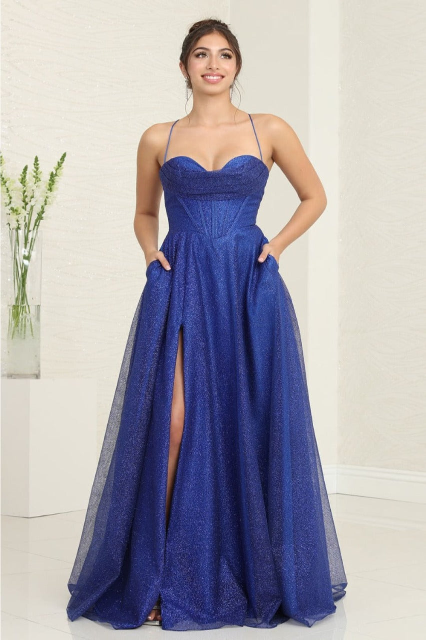 May Queen MQ2064 Glitter Corset Bodice Side Pocket A - Line Dress - ROYAL / 4
