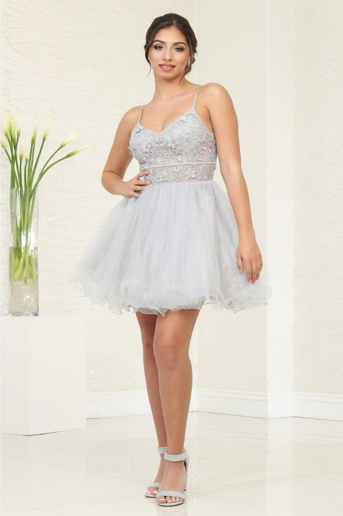 May Queen MQ2067 V-Neck Glitter A-Line Short Prom Dress - SILVER / 2 - Dress