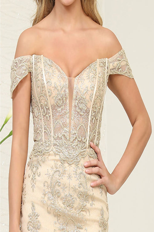 May Queen MQ2069 Off-Shoulder Sheer Embroidered Short Homecoming Dress - Dress