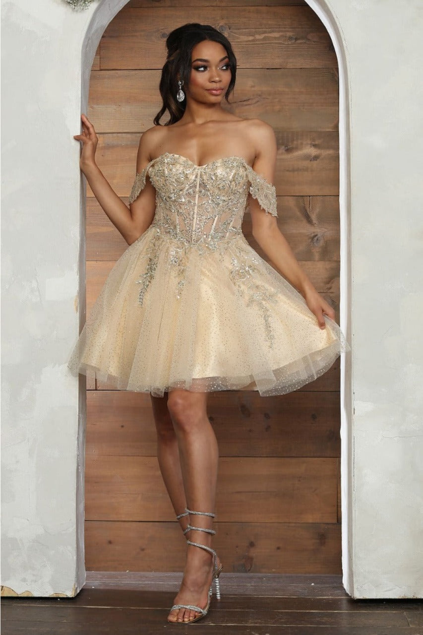 May Queen MQ2080 Sweetheart Leafy Corset A-Line Short Hoco Dress - CHAMPAGNE / 2 - Dress