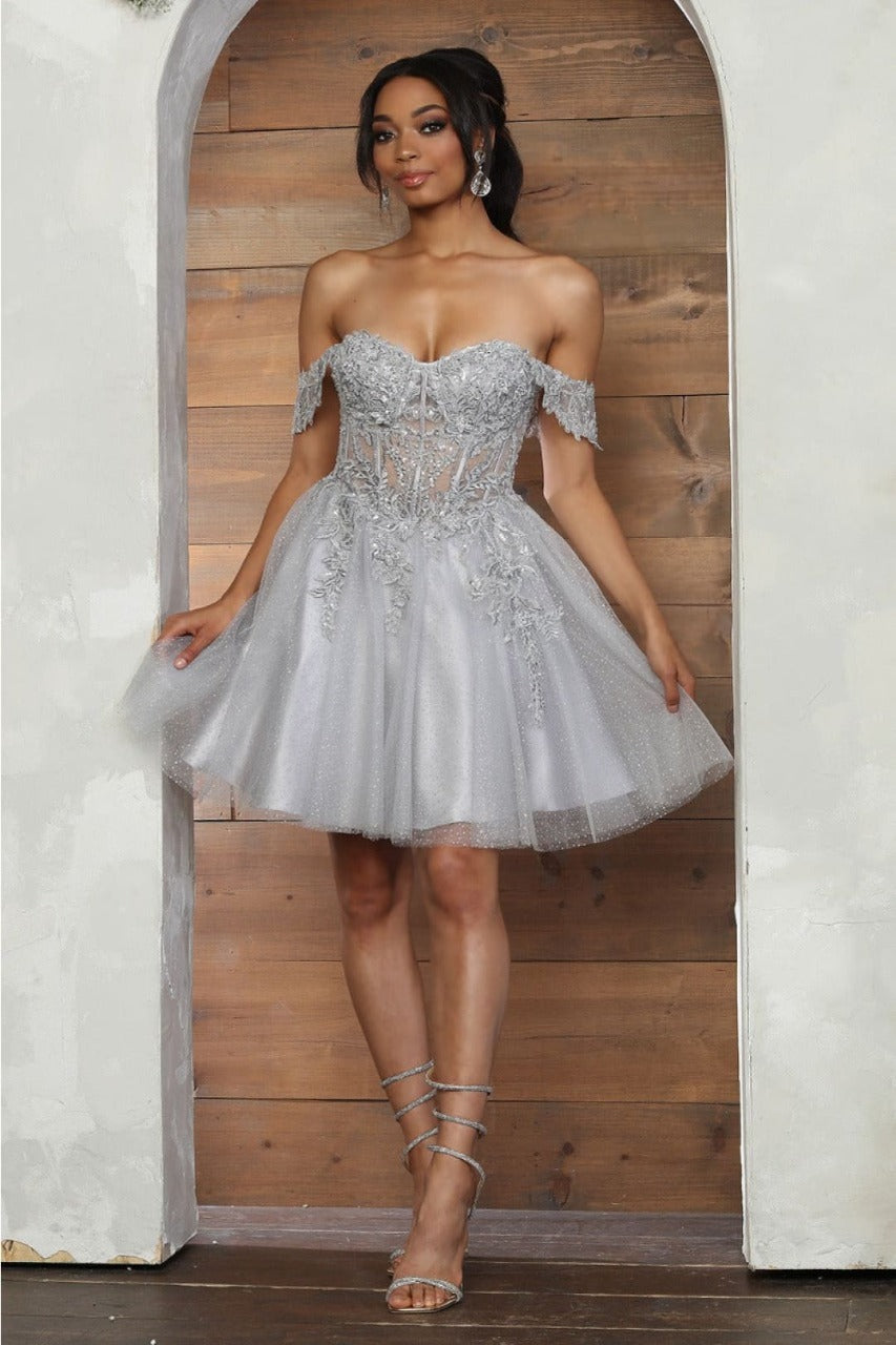 May Queen MQ2080 Sweetheart Leafy Corset A-Line Short Hoco Dress - SILVER / 2 - Dress