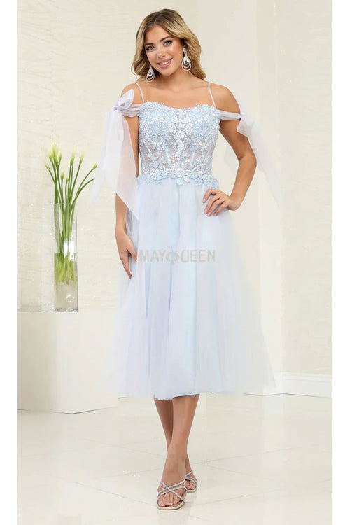 May Queen MQ2089 Back Zipper Tea-Length Hem Dress - Baby Blue / 4 - Dress