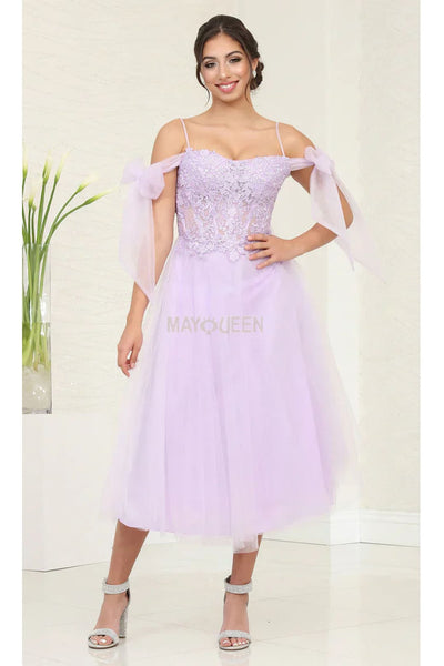 May Queen MQ2089 Back Zipper Tea-Length Hem Dress - Lilac / 4 - Dress
