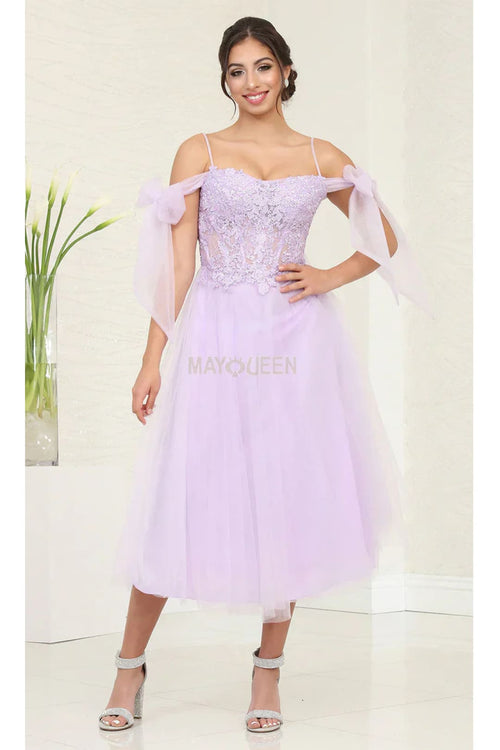 May Queen MQ2089 Back Zipper Tea-Length Hem Dress - Lilac / 4 - Dress