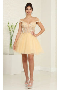 May Queen MQ2090 3D Butterfly Appliques & Shimmering Glitter Dress - Champagne / 2 - Dress