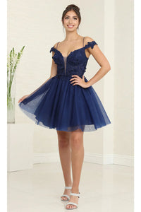 May Queen MQ2090 3D Butterfly Appliques & Shimmering Glitter Dress - Navy / 2 - Dress