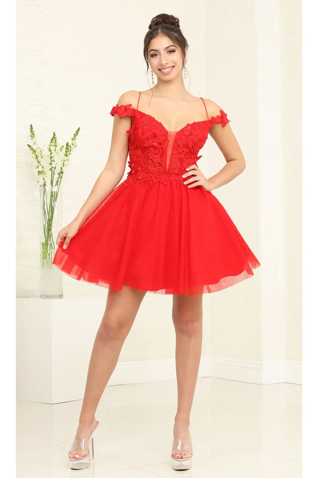 May Queen MQ2090 3D Butterfly Appliques & Shimmering Glitter Dress - Red / 2 - Dress