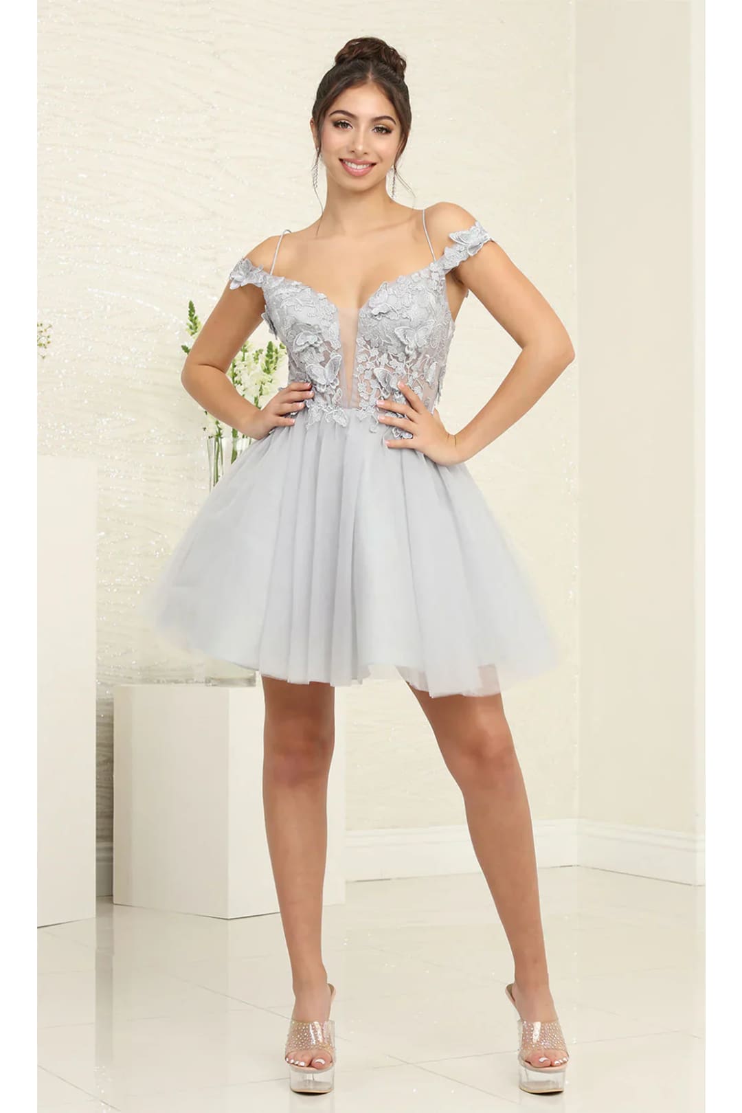 May Queen MQ2090 3D Butterfly Appliques & Shimmering Glitter Dress - Silver / 2 - Dress