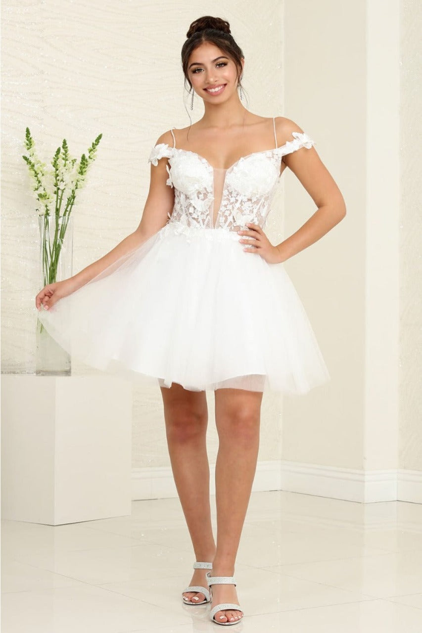 May Queen MQ2090 Cold-Shoulder Fitted Bodice Hoco Short Dress - IVORY / 2 - Dress