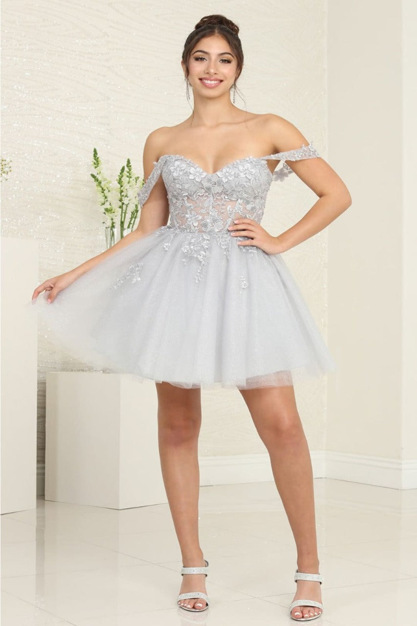 May Queen MQ2091 Off-Shoulder Corset Floral Cocktail Dress - Dress