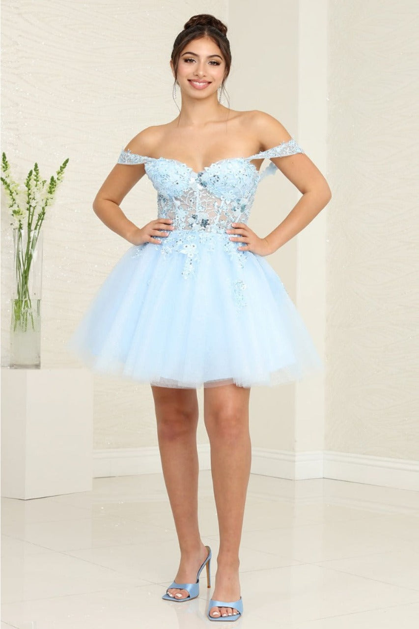 May Queen MQ2091 Off-Shoulder Corset Floral Cocktail Dress - BABY BLUE / 2 - Dress
