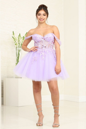 May Queen MQ2091 Off-Shoulder Corset Floral Cocktail Dress