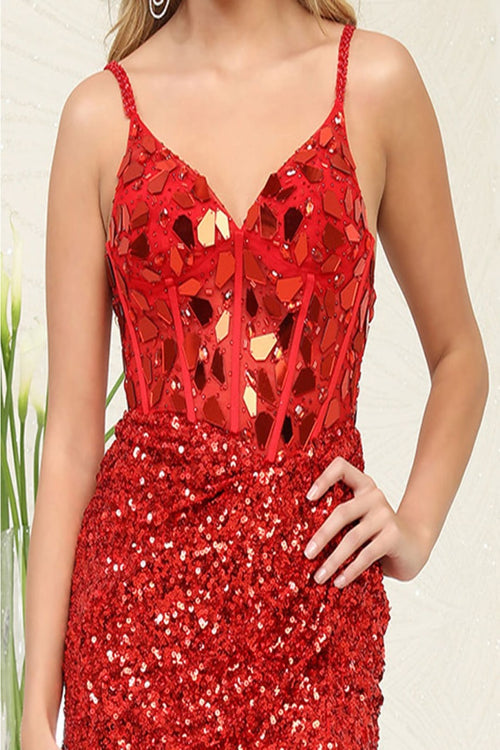 May Queen MQ2095 Spaghetti Strap Sequin Mini Slit Party Dress - Dress