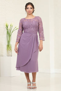 May Queen MQ2100 Full Sleeve Tea Length Short Semi-Formal Dress - VICTORIAN LILAC / M - Dress