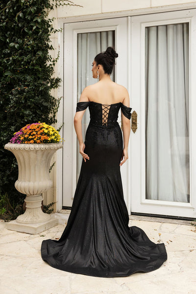 May Queen MQ2104 Draped Sleeves Corset Glitter Red Carpet Gown - Dress