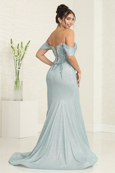 May Queen MQ2104 Draped Sleeves Corset Glitter Red Carpet Gown - Dress