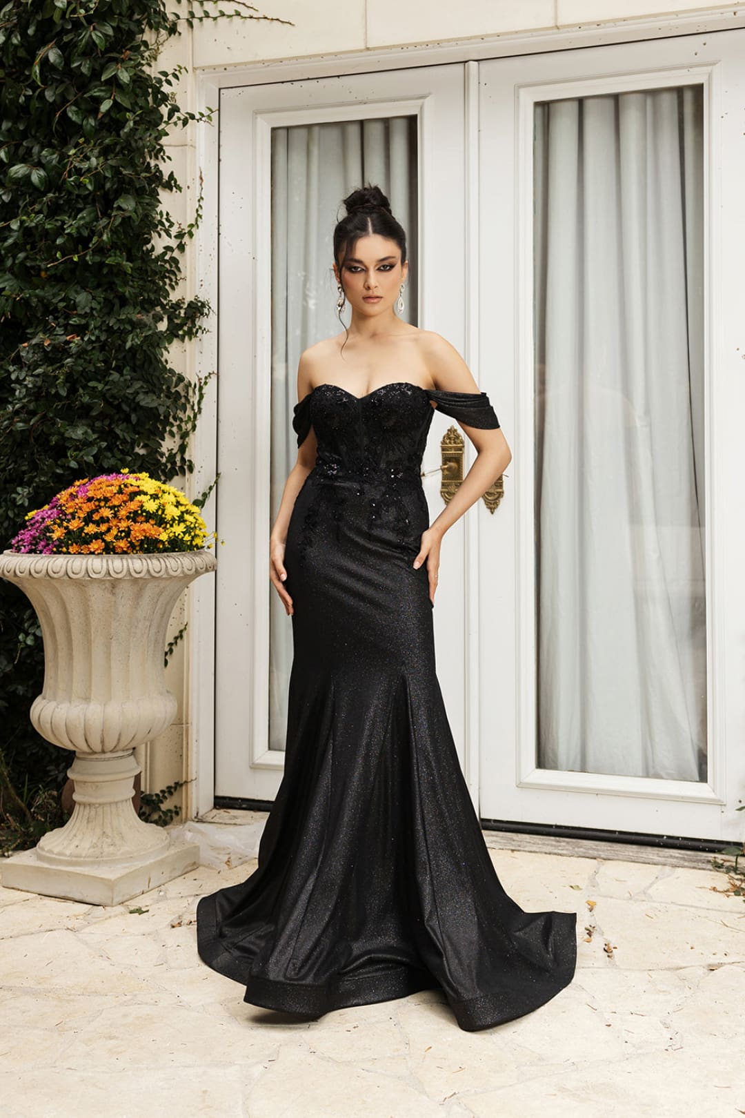 May Queen MQ2104 Draped Sleeves Corset Glitter Gown| Formal Dress Shop