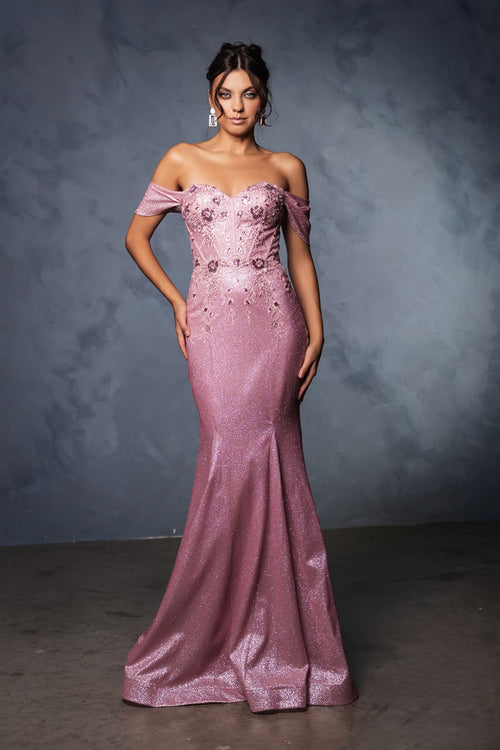 May Queen MQ2104 Draped Sleeves Corset Glitter Red Carpet Gown - DUSTY-ROSE / 4 - Dress