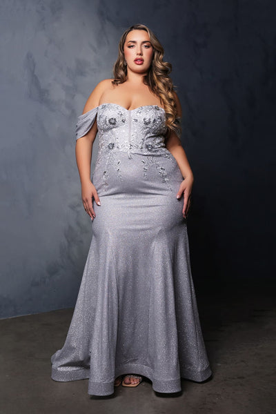 May Queen MQ2104 Draped Sleeves Corset Glitter Red Carpet Gown - SILVER / 4 - Dress