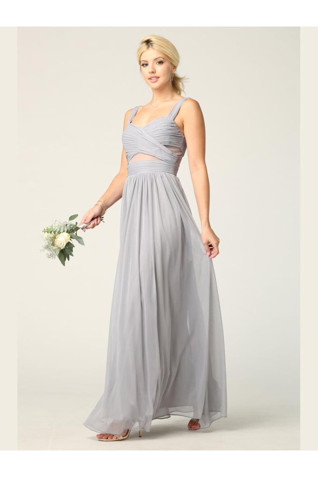 Mesh Sleeveless Long Bridesmaid Dress Silver