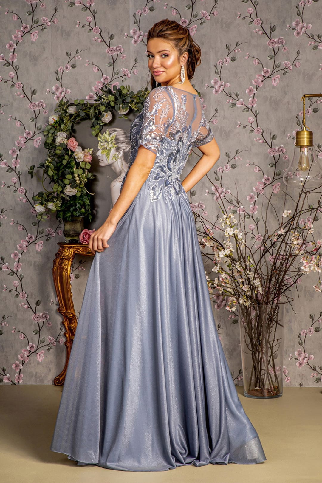 Metallic Applique Short Sleeve A-line Gown by GLS Gloria GL3444 - Long Formal Dresses