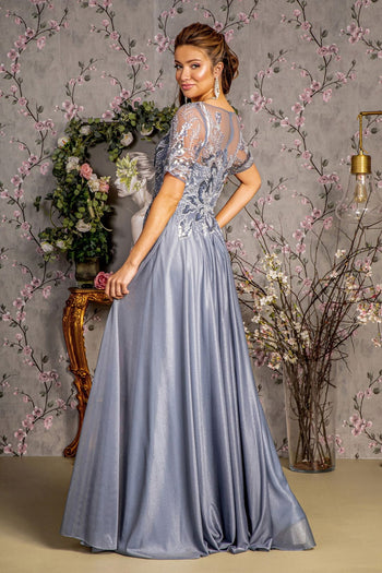 Metallic Applique Short Sleeve A-line Gown by GLS Gloria GL3444 - Long Formal Dresses
