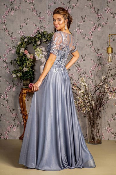 Metallic Applique Short Sleeve A-line Gown by GLS Gloria GL3444 - Long Formal Dresses