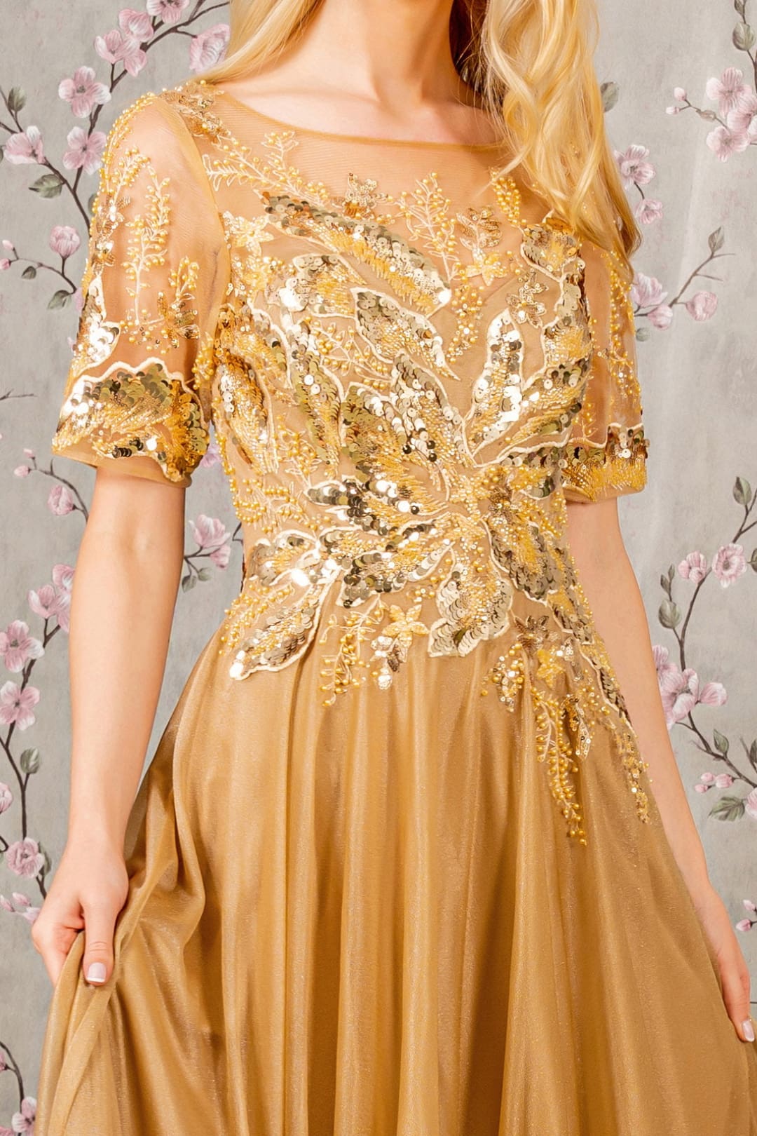 Metallic Applique Short Sleeve A-line Gown by GLS Gloria GL3444 - Long Formal Dresses